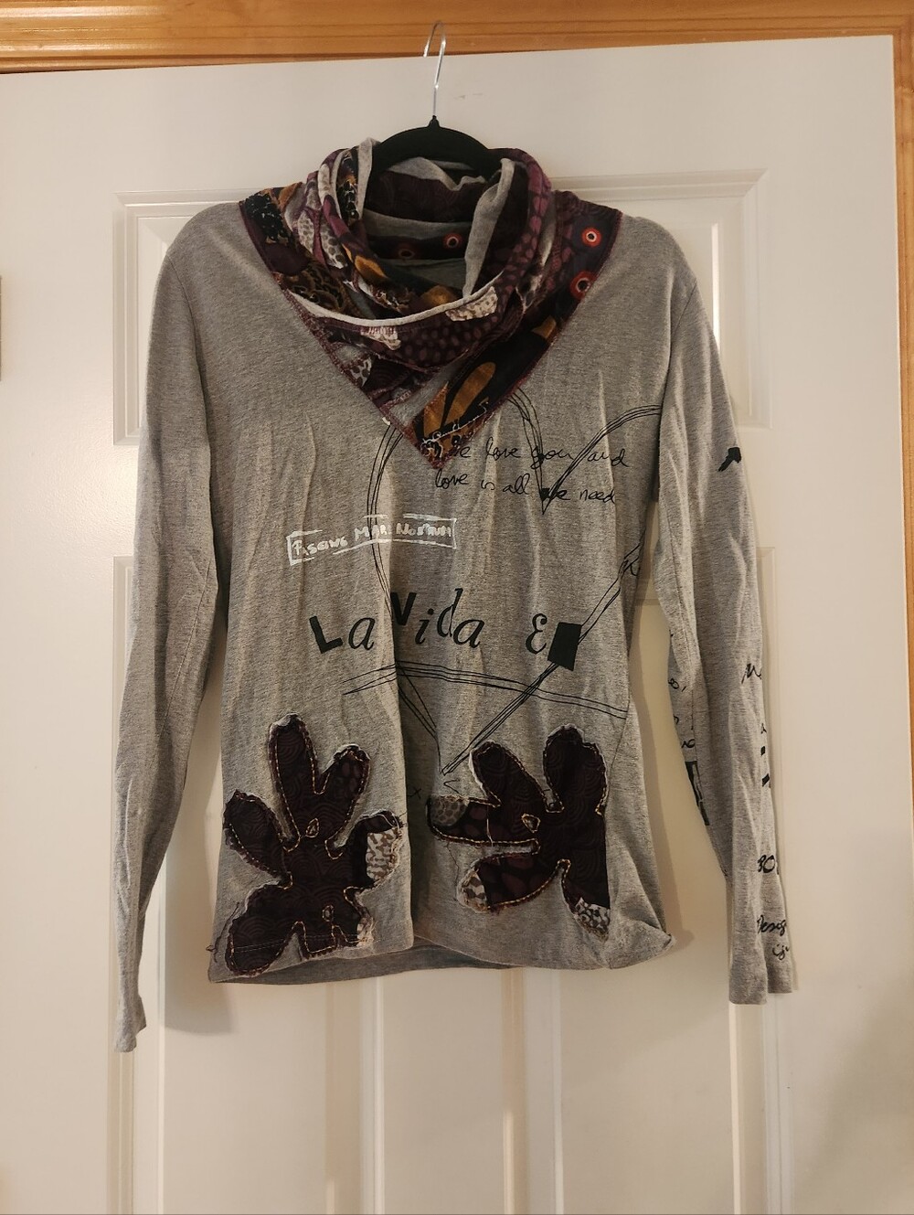 Desigual Gray Floral-Appliqué Cowl Neck Sweater, Size Small